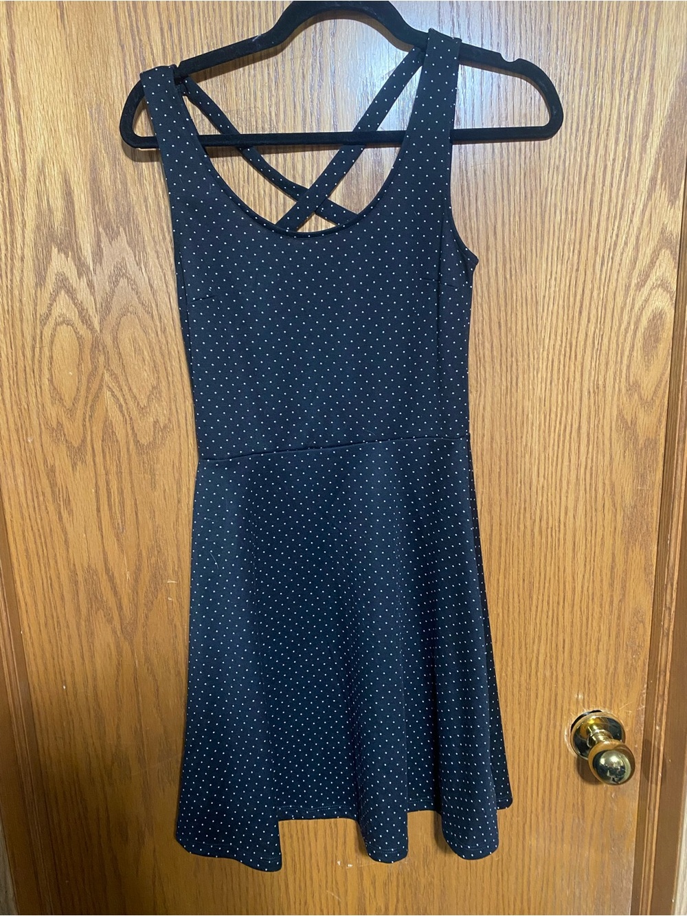 Black Polka Dot Fit & Flare Dress with Crisscross Back